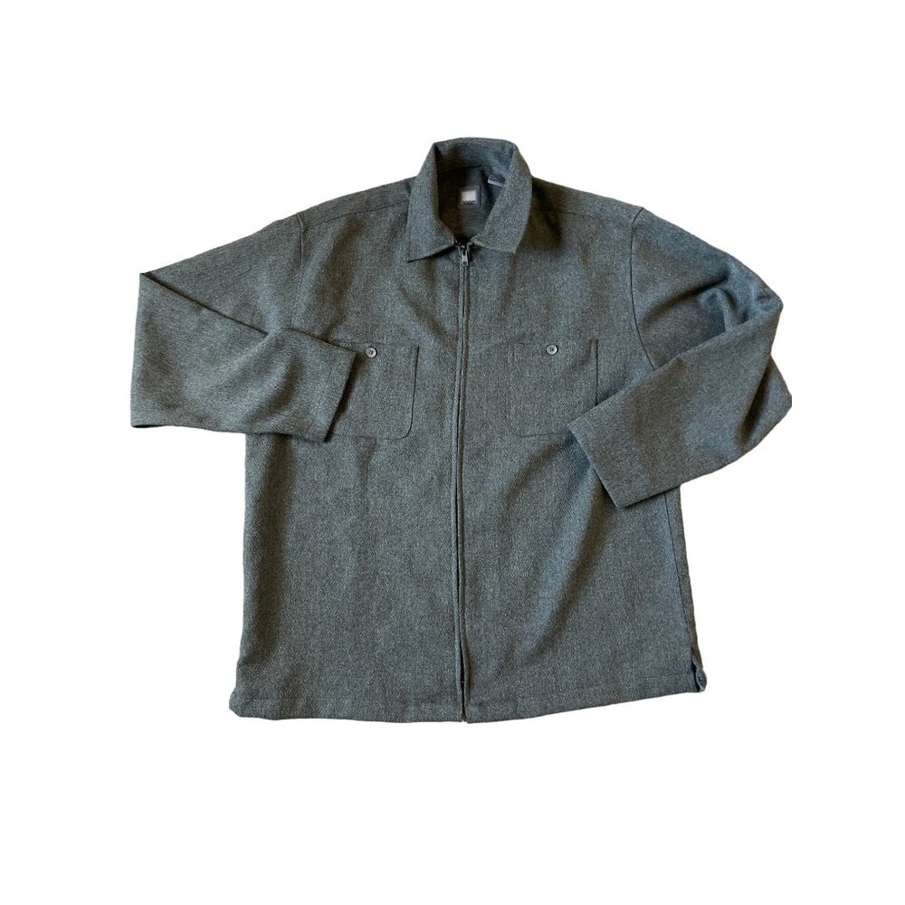 Vintage Men's Greenish Gray Collared Casual Zip Down Shirt Long Sleeve Polyester